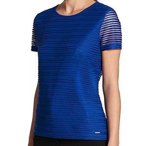 Calvin Klein Blouse Short Sleeve Textured Stretch Royal Blue Lined Womens Large